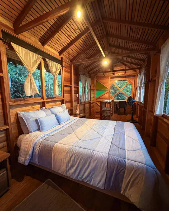 Habitación de la cabaña con techo inclinado de madera y ventanas al bosque.